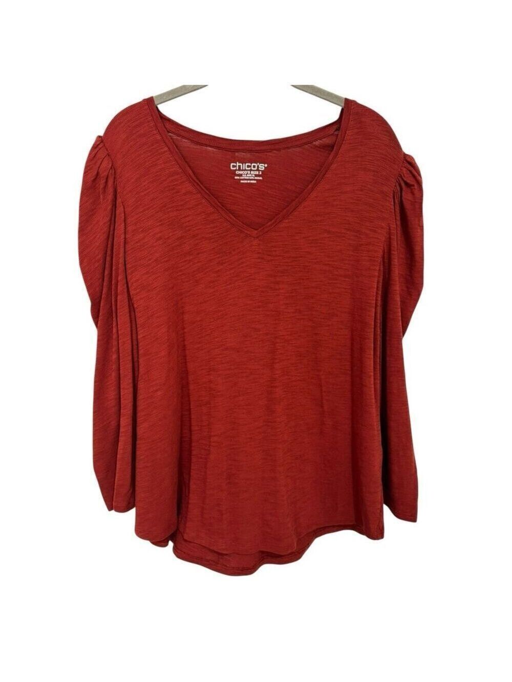 Chico’s Sz 3/XL Slub Knit V-Neck Puff Sleeve Romantic Tee Shirt Paprika